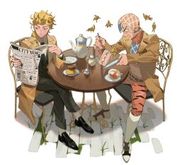2boys alternate_costume animal_print belt black_footwear black_necktie black_suit blonde_hair braid braided_ponytail brick brown_coat cake cake_slice chair clip_studio_paint_(medium) coat crossed_legs cup earrings food fork formal_clothes full_body giorno_giovanna grey_eyes guido_mista haembokke8_8 hair_over_shoulder hat highres holding holding_cup holding_fork holding_newspaper jewelry jojo_no_kimyou_na_bouken long_hair making-of_available male_focus midriff multiple_boys necktie newspaper open_mouth outdoors plate pudding reading sex_pistols_(stand) simple_background sitting spill spoon stud_earrings suit surprised sweatdrop table tea teapot tiger_print vento_aureo white_background white_footwear wide-eyed