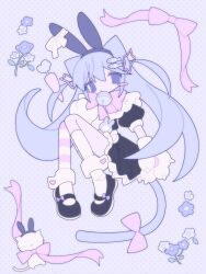 1girl animal_ears animal_hands asymmetrical_legwear bad_id bad_twitter_id bell black_dress black_shoes blue_eyes blue_flower blue_hair blush_stickers bow carrot_hair_ornament cat cat_ears cat_paws cat_tail dress fish_hair_ornament flower food-themed_hair_ornament fpwrs full_body gloves hair_ornament highres jingle_bell knees_up long_hair looking_at_viewer neck_bell original paw_gloves pink_ribbon ribbon shoes sitting socks solo star_(symbol) star_hair_ornament tail tail_bow tail_ornament white_socks