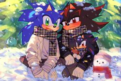 3boys animal_ears animal_nose black_fur black_jacket blue_fur blue_necktie blush boots brown_boots brown_pants brown_scarf child closed_mouth day father_and_son furry furry_male gloves green_eyes grey_sweater half-closed_eyes hat hedgehog_boy highres holding holding_stuffed_toy if_they_mated jacket lapels long_sleeves looking_at_viewer male_focus multiple_boys necktie open_clothes open_jacket outdoors pants pine_tree pink_hat plaid_clothes plaid_scarf puffy_long_sleeves puffy_sleeves purple_jacket red_eyes red_fur red_scarf scarf shadow shadow_the_hedgehog sitting smile snow snow_on_head snowing snowman sonic_(series) sonic_the_hedgehog stuffed_animal stuffed_deer stuffed_toy sweater tongue tongue_out tree two-tone_fur usheriiu white_gloves white_jacket white_sneakers white_sweater winter