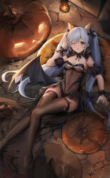 1girl absurdres andoff animal_ears aqua_eyes azur_lane bare_shoulders bow breasts candle cat_ears cleavage food halloween halloween_costume happy_halloween highres jack-o&#039;-lantern janus_(azur_lane) janus_(fright-night_scaredy-cat)_(azur_lane) lantern long_hair looking_at_viewer navel no_shoes official_alternate_costume one_eye_closed pantyhose pumpkin see-through_clothes sitting small_breasts solo tail thighhighs torn_clothes torn_pantyhose twintails very_long_hair wings wrist_cuffs