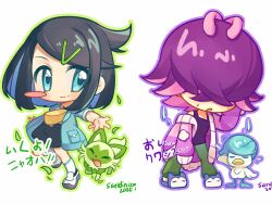 2girls :o aqua_eyes black_hair black_shorts blush_stickers cardigan chibi chibi_only coat colored_inner_hair cowlick dot_(pokemon) green_pants hair_ornament hair_over_eyes hairclip highres liko_(pokemon) multicolored_hair multiple_girls nintendo open_clothes open_coat open_mouth pants pokemon pokemon_(anime) pokemon_(creature) pokemon_horizons purple_cardigan purple_hair quaxly saridinism shirt shoes shorts single_blush_sticker slippers socks sprigatito sweatdrop swept_bangs translation_request white_shoes white_socks yellow_bag