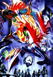 1970s_(style) absolutely_everyone aiming aiming_at_viewer aircraft alex_ross alien angry antennae armor belt berg_katse bird blade boomerang boots cape character_request energy epic everyone facial_hair falling fangs fire gatchaman glasses gloves god_phoenix goggles grin gun handgun helmet highres insignia jinpei_the_swallow joe_the_condor jun_the_swan ken_the_eagle lab_coat long_hair mask milky_way mullet mustache nanbu_kouzaburou necktie official_style oldschool phoenix realistic red_eyes red_impulse retro_artstyle running ryu_the_owl scan science_fiction screen serious skirt smile smirk soldier spacecraft star_(sky) star_(symbol) starry_background submachine_gun traditional_media uniform washio_kentaro weapon