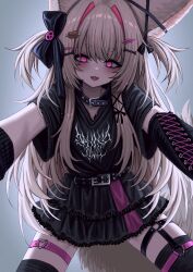 1girl absurdres animal_ears belt belt_collar black_belt black_bow black_thighhighs bone_hair_ornament bow collar commentary frilled_skirt frills goth_fashion gothic_lolita hair_intakes hair_ornament heart heart_o-ring highres jirai_kei lobsteranian lolita_fashion long_hair looking_at_viewer meat_hair_ornament mole mole_under_eye nanako_niku o-ring open_mouth pink_eyes print_shirt shirt skirt solo stellarversepro tail thigh_strap thighhighs virtual_youtuber wolf_ears wolf_girl wolf_tail