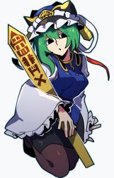 Rule 34 | 1girl, black eyes, black pantyhose, black shoes, black skirt, blue hat, blue vest, breasts, buttons, commentary request, epaulettes, eyelashes, frilled hat, frilled sleeves, frills, green hair, hat, hat ribbon, holding, iganashi1, juliet sleeves, long sleeves, mandarin collar, medium breasts, medium hair, one-hour drawing challenge, open mouth, oversized object, pantyhose, pencil skirt, puffy sleeves, red ribbon, ribbon, rod of remorse, shiki eiki, shirt, shoes, simple background, skirt, solo, touhou, vest, white background, white ribbon, white shirt, wide sleeves