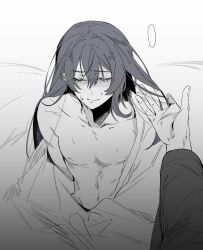 ... 2boys bare_pectorals black_hair blush closed_eyes closed_mouth collarbone commentary hair_down hand_in_another&#039;s_hair highres hong_lu_(project_moon) jia_qiu_(project_moon) kurosawa_hara limbus_company long_hair long_sleeves male_focus multiple_boys out_of_frame partially_undressed pectorals project_moon spoken_ellipsis sweatdrop symbol-only_commentary topless_male yaoi