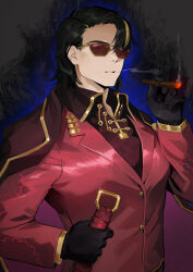 1boy black_border black_gloves black_hair border burning cigar coat formal_clothes gloves gold_trim high_collar highres holding holding_cigar jacket jacket_on_shoulders lei_heng_(project_moon) limbus_company looking_at_viewer male_focus open_mouth project_moon red-tinted_eyewear red_coat red_suit sasoura single_hair_streak smoking solo suit sunglasses tinted_eyewear wolf_cut