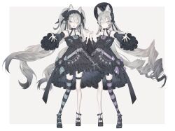 2girls :d absurdres animal_ears badge bare_shoulders black_bonnet black_dress black_hairband black_shoes black_sleeves blue_eyes blue_thighhighs bonnet border closed_mouth collarbone detached_sleeves dress drill_hair fang flower fox_ears fox_girl frilled_dress frilled_hairband frilled_sleeves frilled_thigh_strap frills full_body gothic_lolita grey_background grey_flower grey_hair grey_rose hair_between_eyes hairband heterochromia highres kotarou_(kot_mochi) lolita_fashion long_hair looking_at_viewer multiple_girls open_hand open_mouth original outstretched_arm pinky_swear purple_flower purple_rose purple_thighhighs rose shoes siblings single_thighhigh sisters smile standing striped_clothes striped_thighhighs thigh_strap thighhighs twin_drills twintails very_long_hair white_border yellow_eyes