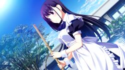 1girl apron ascot back_bow black_dress black_hair blue_sky blush bow breasts broom building closed_mouth cloud cowboy_shot day dress dutch_angle frilled_apron frills from_side game_cg grisaia_(series) grisaia_no_meikyuu holding holding_broom long_hair maid medium_breasts non-web_source outdoors puffy_short_sleeves puffy_sleeves purple_ascot purple_eyes sakaki_yumiko short_sleeves sky solo standing sun tree variant_set watanabe_akio white_apron white_wrist_cuffs wrist_cuffs