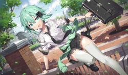 1girl black_necktie black_shoes black_skirt blue_sky blush breasts briefcase building clothes_around_waist collared_shirt commentary_request day dress_shirt gabiran green_eyes green_hair hair_between_eyes highres holding jumping legs loafers looking_at_viewer necktie open_mouth outdoors pleated_skirt school_briefcase shirt shoes short_sleeves sinon skirt sky small_breasts solo sword_art_online thighhighs thighs tree white_shirt white_thighhighs window