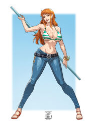 1girl absurdres bangle bare_shoulders belt belt_buckle bikini bikini_top_only blue_pants bracelet breasts brown_eyes buckle cirenk cleavage clima-tact collarbone commentary commission curvy denim english_commentary full_body green_bikini halterneck highres holding holding_staff holding_weapon jeans jewelry large_breasts lips log_pose long_hair looking_at_viewer nami_(one_piece) nami_(one_piece)_(return_to_sabaody) narrow_waist navel official_alternate_costume one_piece open_mouth orange_hair pants pink_lips sandals shiny_skin shoulder_tattoo sidelocks smile solo staff standing stomach string_bikini striped_bikini striped_clothes swimsuit tattoo teeth toes upper_teeth_only wavy_hair weapon wide_hips