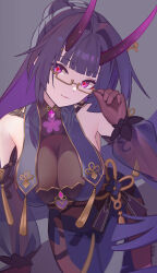 1girl absurdres adjusting_eyewear ai_dongdong bare_shoulders black_gloves breasts chinese_commentary cleavage commentary_request cowboy_shot detached_sleeves dress gloves hair_intakes hand_on_eyewear head_tilt highres honkai_(series) honkai_impact_3rd horns large_breasts long_hair long_horns looking_at_viewer official_alternate_costume purple_dress purple_eyes purple_hair purple_horns purple_sleeves raiden_mei raiden_mei_(herrscher_of_thunder) raiden_mei_(rainy_springtide) red_pupils see-through_clothes see-through_cleavage see-through_sleeves smile solo