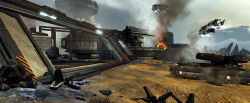 3d aircraft autodesk_3ds_max_(medium) building burning caldari_state_(eve_online) cannon caterpillar_tracks cloud cloudy_sky commentary day dropship dust dust_514 eve_online fire flying gate glowing haoliang_yang military_vehicle mobile_command_center_(dust_514) motor_vehicle no_humans outdoors photoshop_(medium) realistic rock scenery science_fiction sky smoke spacecraft tank tank_turret thrusters unreal_engine_(medium) zbrush_(medium)