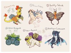 absurdres aegislash animal_focus archeops beautifly black_eyes border character_name claws closed_mouth creatures_(company) exeggcute fang feebas full_body fusion game_freak gen_1_pokemon gen_3_pokemon gen_4_pokemon gen_5_pokemon gen_6_pokemon grey_background grey_eyes highres ivysaur kabutops kayveedee lumineon nintendo no_humans oddish persian_(pokemon) pink_eyes pokemon pokemon_(creature) running scar scar_on_face scrafty solrock white_border