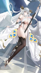 1girl absurdres artist_request between_legs black_thighhighs breasts center_opening detached_sleeves echocalypse feathered_wings flower grey_eyes grey_hair hair_ribbon heterochromia highres holding large_breasts leotard long_hair navel official_art ribbon rose showgirl_skirt skirt solo stirrup_legwear thighhighs toeless_legwear vivi_(echocalypse) white_flower white_leotard white_ribbon white_rose white_skirt white_sleeves white_wings wings