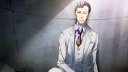 black_hair blue_shirt breast_pocket brown_vest business_suit buttons collared_shirt formal_clothes frown fukuda_tomonori game_cg highres lapels long_sleeves looking_at_viewer multicolored_hair necktie notched_lapels official_art orange_eyes parted_lips pocket polka_dot_necktie red_necktie robotics;notes sawada_toshiyuki shiny_eyes shirt suit tsurime vest white_hair