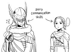 2girls amputee covered_eyes elden_ring english_text hanny_(uirusu_chan) helmet helmet_over_eyes malenia_blade_of_miquella mechanical_arms monochrome multiple_girls ponytail ponytial prosthesis prosthetic_arm single_mechanical_arm smile winged_helmet