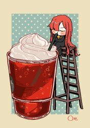 1girl artist_name black_bodysuit blue_background blush bodysuit bubble chibi crest cup drink drinking drinking_straw family_crest fate/grand_order fate_(series) gloves goma1021 hair_over_one_eye highres ladder logo long_hair messy_hair oda_nobunaga_(fate) oda_nobunaga_(maou_avenger)_(fate) oda_uri polka_dot polka_dot_background red_hair sitting solo two-tone_background very_long_hair whipped_cream yellow_background