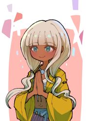 1girl absurdres blue_skirt blunt_bangs blush bra closed_mouth cowboy_shot danganronpa_(series) danganronpa_v3:_killing_harmony dark-skinned_female dark_skin green_eyes grey_hair highres jacket jewelry long_hair long_sleeves navel_piercing necklace open_clothes open_jacket own_hands_clasped own_hands_together piercing pink_background shell shell_necklace skirt smile solo underwear white_background white_bra wide_sleeves yonaga_angie youko-shima