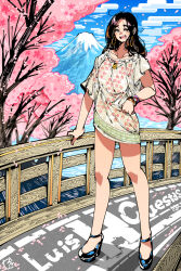 1girl black_hair black_shoes blue_sky cherry_blossoms cherry_tree cloud collarbone earrings fence full_body highres hoop_earrings jewelry kafun long_hair looking_at_viewer mount_fuji open_mouth original shoes short_sleeves sky smile solo standing teeth thick_eyebrows upper_teeth_only watch wooden_fence wristwatch