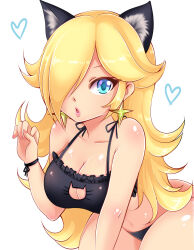 Rule 34 | 1girl, absurdres, animal ears, black bra, black panties, blonde hair, blue eyes, blush, bra, bracelet, breasts, cat cutout, cat ears, cat girl, cat lingerie, cleavage, cleavage cutout, clothing cutout, collarbone, earrings, hair over one eye, heart, highres, jewelry, large breasts, leaning forward, long hair, looking at viewer, mario (series), meme attire, navel, nintendo, open mouth, panties, paw pose, rosalina, standing, star (symbol), star earrings, sugarbell, super mario galaxy, underwear, white background, wide hips