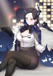1girl absurdres asymmetrical_horns belt bird black_belt black_hair black_pantyhose blue_hair breasts cleavage colored_inner_hair crossed_legs demon_horns drunktatsu earrings highres holding holding_pen hololive hololive_english horns jacket jacket_on_shoulders jailbird_(nerissa_ravencroft) jewelry large_breasts multicolored_hair nerissa_ravencroft nerissa_ravencroft_(casual) official_alternate_costume official_alternate_hairstyle pantyhose pen pencil_skirt red_eyes scarf shadow_(nerissa_ravencroft) shirt short_hair sitting skirt solo uneven_horns virtual_youtuber white_shirt