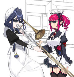 2girls apron black_dress black_ribbon black_thighhighs blue_hair blunt_bangs braid brooch chest_bow closed_mouth collared_dress commentary dasdokter double-parted_bangs double_halo dress drill_hair earrings embroidery english_commentary fanged_bangs flower_earrings frilled_apron frilled_dress frilled_hat frills garter_straps hair_between_eyes hair_intakes hair_over_shoulder hair_ribbon halo hat highres hololive hololive_english instrument irys_(hololive) irys_(maid)_(hololive) jewelry juliet_sleeves kitchen lace lace-trimmed_collar lace-trimmed_dress lace_trim long_dress long_hair long_sleeves low_twin_braids maid maid_apron meme mob_cap multiple_girls music official_alternate_costume official_alternate_hairstyle ouro_kronii ouro_kronii_(maid) oven playing_instrument pocket_watch pointy_ears puffy_sleeves puritan_collar purple_hair ribbon short_dress short_hair sketch_background sleeve_belt star_halo sunglasses thighhighs trombone twin_braids twin_drills v-shaped_eyebrows victorian_maid virtual_youtuber watch when_mama_isn&#039;t_home_(meme) white_apron white_hat