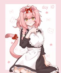 1girl absurdres ahoge alternate_costume animal_ears apron arknights black_dress blush border bow chinese_commentary closed_mouth collared_dress commentary commentary_request contrast_collar dress embarrassed english_commentary enmaided frilled_dress frills goldenglow_(arknights) highres ice_orange_lovegg looking_at_viewer maid medium_hair mixed-language_commentary outside_border pink_border pink_hair pink_tail red_bow sitting solo star_(symbol) tail tail_bow tail_ornament three-quarter_sleeves waist_apron white_apron white_background yellow_eyes