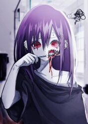 1girl =_hair_ornament black_nails black_shirt blood blood_on_face blurry blurry_background brushing_teeth closed_mouth collarbone colored_skin ear_piercing earrings eyelashes gorezono_neo_(yu-ki_iwata) grey_skin hair_between_eyes highres holding holding_toothbrush indoors jaw jewelry looking_down medium_hair off_shoulder original photo_background piercing purple_hair red_eyes shirt solo squiggle teeth toothbrush upper_body yu-ki_iwata zombie