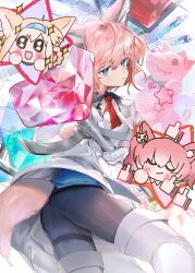 3girls absurdres animal_ears arknights black_pantyhose blue_eyes fox_ears fox_girl fox_tail highres material_growth multiple_girls oripathy_lesion_(arknights) pantyhose pink_hair shamare_(arknights) sussurro_(arknights) suzuran_(arknights) tail waiomori