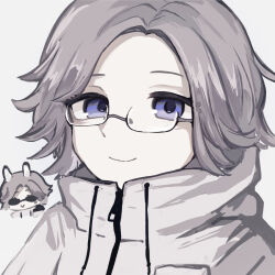 1boy animal_ears aotsuki_eito baibaibaibai191 black_gloves chibi chibi_inset commentary drawstring emoji glasses gloves grey_hair highres jacket looking_at_viewer male_focus procreate_(medium) purple_eyes rabbit_ears short_hair simple_background smile sunglasses symbol-only_commentary the_hundred_line_-last_defense_academy- white_background white_jacket