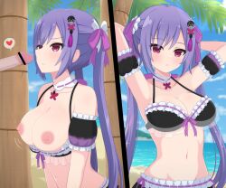 Rule 34 | 1boy, 1girl, arm garter, arms behind head, arms up, assault lily, bar censor, bare shoulders, bikini, bikini pull, bikini top pull, blue sky, blurry, blurry background, blush, breasts, breasts out, censored, closed mouth, clothed sex, clothes pull, cloud, collarbone, commentary request, day, frilled bikini, frilled ribbon, frills, front-tie bikini top, front-tie top, hair ornament, hair ribbon, haniwa (kiminozorazio), heart, hetero, highres, horizon, imminent fellatio, jewelry, large breasts, long hair, looking at another, looking at viewer, matsumura fuuka, motion lines, multiple views, navel, nipples, official alternate costume, out of frame, outdoors, palm tree, parted lips, pendant, penis, pink eyes, pink ribbon, purple hair, ribbon, ribbon-trimmed bikini, ribbon trim, see-through bikini, see-through clothes, sky, solo focus, sparkle, speech bubble, spoken heart, standing, stomach, swimsuit, tassel, tassel hair ornament, tree, twintails, upper body, v-shaped eyebrows, very long hair, water