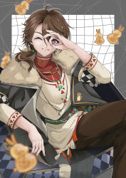 1boy ;3 absurdres bead_necklace beads border brown_hair brown_pants coat feet_out_of_frame fur-trimmed_coat fur_trim grey_border grey_coat hand_up highres jewelry long_hair looking_at_viewer low_ponytail male_focus name_day_(reverse:1999) necklace ok_sign ok_sign_over_eye one_eye_closed outside_border pants ponytail purple_eyes reverse:1999 shirt sitting solo unilog_(reverse:1999) white_shirt yashiki_kagari
