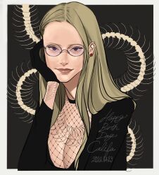 1girl black_dress black_gloves blonde_hair breasts character_name cleavage commentary_request dated dress earrings fishnet_top fishnets glasses gloves happy_birthday highres jewelry kalifa_(one_piece) light_smile long_hair long_sleeves looking_at_viewer one_piece pearl_earrings popsweetyio solo upper_body