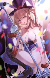 1girl absurdres animal_ears azur_lane black_hat blonde_hair blush breasts cleavage confetti facial_mark fake_animal_ears frilled_leotard frills gloves guam_(azur_lane) guam_(stage-setting_charmer)_(azur_lane) hair_between_eyes hat heart heart_facial_mark high_heels highres holding holding_microphone_stand large_breasts leotard long_hair looking_at_viewer microphone microphone_stand movik pink_eyes playboy_bunny purple_leotard rabbit_ears simple_background solo star-shaped_pupils star_(symbol) strapless strapless_leotard symbol-shaped_pupils thighhighs tongue tongue_out top_hat two_side_up very_long_hair white_gloves
