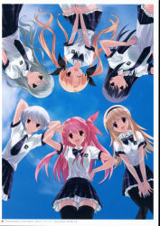 2000s_(style) 2011 absurdres antenna_hair aoi_sena arms_behind_head arms_up bent_over between_legs black_hairband black_pantyhose black_thighhighs blonde_hair blue_hair blue_sky blush bow bowtie breasts chaos;head chaos;head_love_chu_chu! collared_shirt dated ears_visible_through_hair expressionless from_below frown hair_between_eyes hair_bow hairband hand_between_legs hand_on_own_hip highres kishimoto_ayase kusunoki_yua leaning_forward long_hair long_skirt looking_at_viewer medium_breasts medium_hair miniskirt multiple_girls multiple_hair_bows narrowed_eyes necktie nishijou_nanami non-web_source official_art one_eye_closed open_collar open_mouth orihara_kozue pantyhose petticoat pink_hair plaid_bow plaid_bowtie plaid_clothes plaid_necktie plaid_skirt plaid_sleeves pleated_skirt purple_eyes ribbon round_eyewear sakihata_rimi sasaki_mutsumi school_uniform science_adventure shirt short_hair short_sleeves side_ponytail skirt sky small_breasts smile standing suimei_academy_school_uniform suimei_school_uniform suimei_summer_uniform summer_uniform teeth thick_thighs thighhighs thighs tongue upper_teeth_only upside-down v_arms white_petticoat white_thighhighs zettai_ryouiki