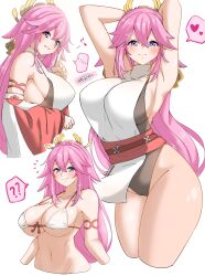 Rule 34 | 1girl, ?, akazuan 19, arms behind head, artist name, bare shoulders, bikini, black leotard, blush, breasts, closed mouth, commentary, cropped legs, cropped torso, detached sleeves, finger to mouth, genshin impact, grin, hair between eyes, hair flaps, headpiece, heart, highres, large breasts, leotard, leotard under clothes, looking at viewer, multiple views, navel, nontraditional miko, pink hair, purple eyes, red sash, sash, shushing, sideboob, simple background, smile, spoken heart, spoken question mark, swimsuit, white background, white bikini, yae miko