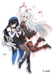 2girls absurdres arm_strap arms_up beret black_boots black_collar black_dress black_eyes black_hair black_pantyhose black_skirt blue_hat blue_shirt boots character_name chinese_commentary closed_mouth collar commentary_request dress feather_hair female_rover_(wuthering_waves) hair_between_eyes hat high-waist_skirt highres kohane_kun long_hair looking_at_viewer male_rover_(wuthering_waves) multiple_girls open_mouth original pantyhose red_eyes rover_(wuthering_waves) shirt skirt smile striped_clothes striped_thighhighs thighhighs white_hair wuthering_waves yangyang_(wuthering_waves)