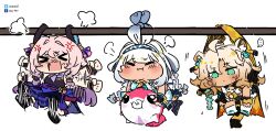 Rule 34 | &gt; &lt;, ..., 3girls, absurdres, afterimage, anger vein, angry, animal ears, blonde hair, blush, braid, chibi, chibi only, citlali (genshin impact), closed eyes, closed mouth, clothes hanger, genshin impact, green eyes, green hair, hairband, hanging, highres, long hair, looking down, low twin braids, motion lines, mualani (genshin impact), multicolored hair, multiple girls, open mouth, pink hair, pout, sesield, side braid, side braids, spoken ellipsis, tan, twin braids, two-tone hair, white hair, xilonen (genshin impact)
