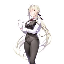 1girl adjusting_clothes adjusting_gloves alternate_costume black_pants black_vest blonde_hair bow braid braided_ponytail breasts brown_eyes butler buttons collared_shirt cropped_legs full_body giuniu gloves hair_ribbon half-closed_eyes jacket large_breasts long_hair long_sleeves looking_at_viewer medium_breasts morigan_raven non-web_source pants ponytail red_eyes ribbon shirt sidelocks single_braid smile solo standing tail transparent_background uchi_no_hime-sama_ga_ichiban_kawaii very_long_hair vest white_gloves white_shirt yellow_eyes