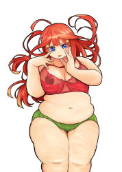 1girl ahoge alternate_body_size bra breasts closed_mouth commentary_request fat feet_out_of_frame go-toubun_no_hanayome green_panties highres large_breasts long_hair looking_at_viewer muffin_top nakano_itsuki navel nipples panties plump pooooocha10 red_bra red_hair see-through_bra see-through_clothes simple_background solo thick_arms thick_thighs thighs tongue tongue_out underwear underwear_only white_background