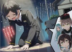 abaddon_(sasaki_to_p-chan) apologizing black_hair blush brown_hair closed_eyes closed_mouth collarbone crown dogeza face_down formal_clothes full_body hair_between_eyes hat inukai_(sasaki_to_p-chan) kantoku long_hair long_sleeves multiple_girls necktie night open_mouth otonari-san_(sasaki_to_p-chan) pajamas peeking ponytail sasaki_to_p-chan seiza short_hair sitting smile spotlight suit teardrop tears town v-shaped_eyebrows yellow_eyes