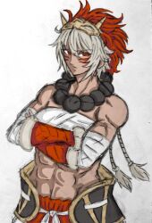Rule 34 | 1girl, bare shoulders, beads, biceps, breasts, chest sarashi, dark-skinned female, dark skin, facial mark, fire emblem, fire emblem fates, highres, kongari tofu, looking at viewer, mask, mask on head, medium breasts, muscular, muscular female, nintendo, obliques, prayer beads, red eyes, rinkah (fire emblem), sarashi