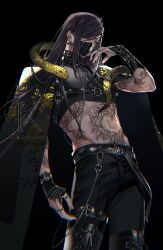 1boy abs androgynous arm_tattoo belt belt_collar black_background black_belt black_cape black_hair black_mask black_pants cape chain chest_strap chromatic_aberration collar cowboy_shot crop_top ear_ornament hand_up highres jewelry koshika_rina long_hair mask mouth_mask multiple_rings o-ring_strap original pants ring sidelocks snake snake_tattoo solo stomach_tattoo tattoo thigh_belt thigh_strap toned toned_male watermark yellow_eyes