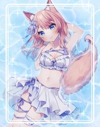 1girl animal_ear_fluff animal_ears arm_behind_head arm_up bare_arms bare_shoulders bikini blue_eyes blue_flower blue_ribbon blush border breasts brown_hair brown_tail cleavage closed_mouth eyelashes feet_out_of_frame flower frilled_bikini frills green_eyes hair_flower hair_ornament hair_ribbon hanasaki_ayame_(artist) hand_up head_tilt hizuki_rurufu knees_together_feet_apart leg_ribbon long_hair looking_at_viewer medium_breasts multicolored_eyes navel ribbon sarong smile snack_nili sparkle swept_bangs swimsuit tail thigh_ribbon virtual_youtuber water white_bikini white_sarong wolf_ears wolf_girl wolf_tail