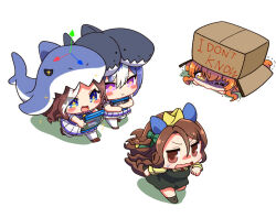 Rule 34 | + +, 4girls, :d, animal costume, animal ears, blu-ray cover, blue eyes, blue hair, bow, bowtie, box, brown eyes, brown hair, cardboard box, cesario (umamusume), chibi, cover, daring heart (umamusume), ear bow, ear covers, gang beasts, green bow, hair between eyes, hat, holding, horse ears, horse girl, king halo (umamusume), kni, mayano top gun (umamusume), mini hat, multicolored hair, multiple girls, one eye closed, open mouth, orange hair, overalls, pakatube, pleated skirt, purple bow, purple bowtie, purple eyes, running, school uniform, shark costume, shirt, short hair, short sleeves, simple background, skirt, smile, streaked hair, tracen school uniform, trembling, two-tone hair, umamusume, white background, white hair, white skirt, yellow eyes, yellow shirt