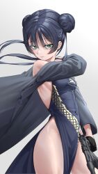 1girl black_gloves black_hair blue_archive breasts china_dress chinese_clothes double_bun dragon_print dress gloves grey_eyes grey_jacket gun hair_bun highres holding holding_gun holding_weapon jacket kisaki_(blue_archive) looking_at_viewer mrsc no_panties simple_background small_breasts solo standing weapon white_background