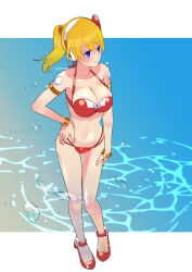 alia_(mega_man) bare_shoulders bikini blonde_hair blue_eyes breasts cleavage full_body high_ponytail highres large_breasts mega_man_(series) mega_man_x_(series) navel ponytail red_bikini rikka_(user_hruv2435) robot_girl swimsuit water_drop