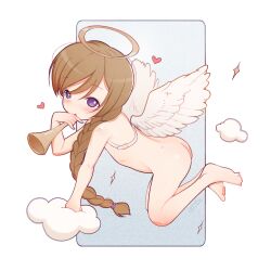 1girl absurdres angel angel_wings artist_name barefoot blush braid brown_hair cloud completely_nude fake_wings feathered_wings feet female_focus from_side full_body hair_tie halo heart highres holding holding_instrument instrument long_hair looking_at_viewer monchichiwa nude original single_braid solo sparkle thighs toes trumpet very_long_hair white_wings wings