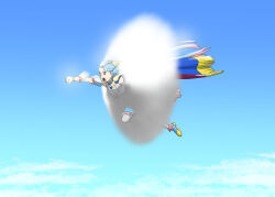 1girl above_clouds blue_boots blue_cape blue_dress blue_eyes blue_hair blue_sky boots cape clenched_hand clothing_cutout cloud commentary cure_sky day dress flying fringe_trim highres hirogaru_sky!_precure long_hair looking_to_the_side magical_girl medium_dress open_mouth outdoors precure short_sleeves shoulder_cutout sky solo sonic_boom_(speed) sora_harewataru thighhighs ueyama_michirou white_thighhighs
