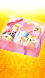 bottle bow box chocolate_lady_no_karasawagi commentary cosmetics fate/grand_order fate_(series) gift gift_box heart lasengle lotion no_humans object_focus official_art orange_background pink_bow sparkle sunscreen third-party_source